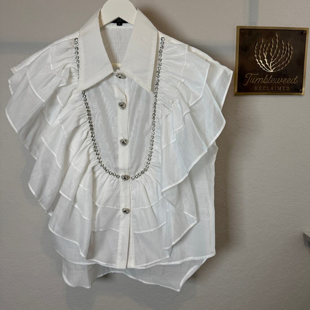 Women's Beulah Style White Short Sleeve Ruffle Rhinestone Blouse Size Small NWOT